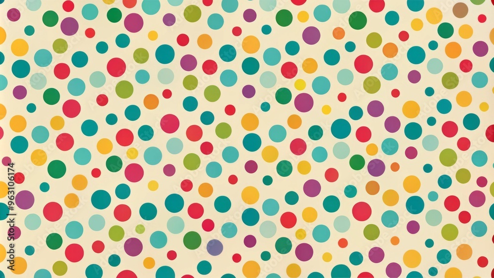 Whimsical polka dots in a kaleidoscope of colors sprawl across a light canvas, creating a lively atmosphere with