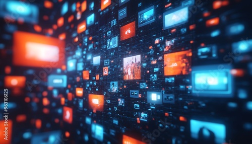  abstract representation of a global news digital background with colorful floating screens and data points. 
