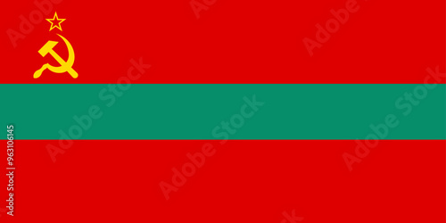 National Flag Pridnestrovian Moldavian Republic, PMR, Transnistria, Three horizontal bands of red, green and red, with a hammer and sickle in the canton
