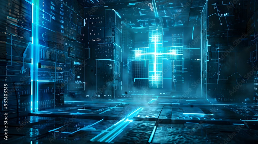 Fototapeta premium Futuristic Glowing Holographic Cross in High Tech Digital Environment