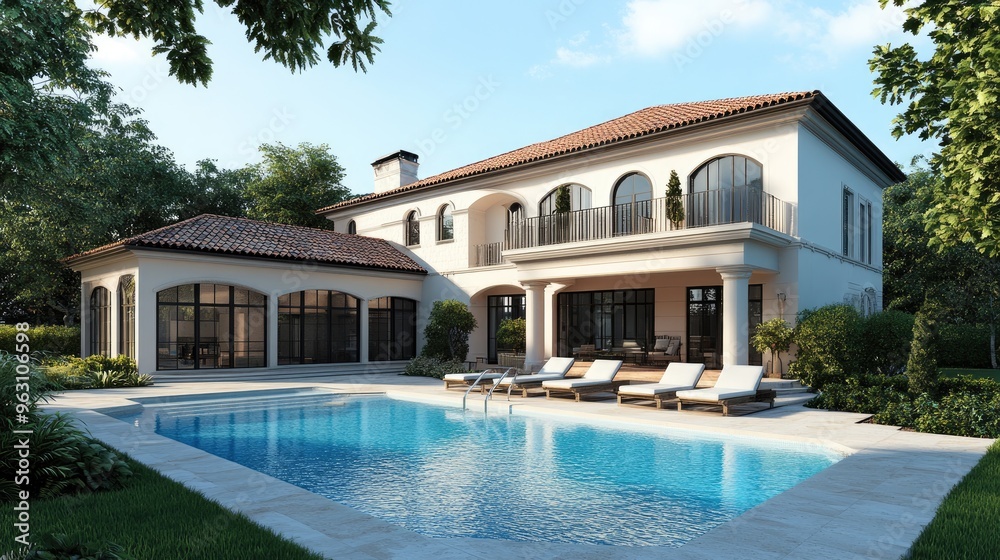 Fototapeta premium Beautiful digital rendering of a house featuring a front swimming pool, set against a realistic background, showcasing computer graphics excellence
