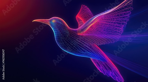 Artistic neon wireframe bird, glowing in vibrant colors against a dark backdrop, creating an elegant and futuristic visual