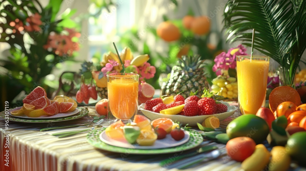 Digital rendering of a table set with vibrant healthy food and drinks, presented with high realism using advanced computer graphics Digital rendering of a table set with vibrant healthy food and drinks, presented with high realism using advanced computer graphics