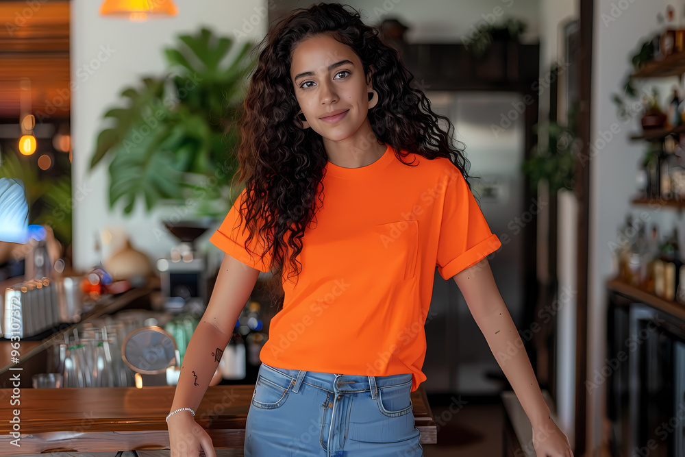 A young Hispanic woman with curly hair poses confidently in a bright orange shirt, showcasing a lively bar environment with greenery. A young Hispanic woman with curly hair poses confidently in a bright orange shirt, showcasing a lively bar environment with greenery.