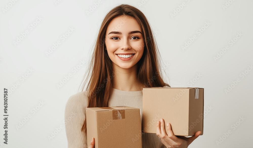 Smiling Woman Holding Cardboard Boxes for Shipping and Delivery Smiling Woman Holding Cardboard Boxes for Shipping and Delivery
