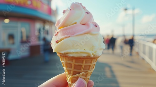 Close-up of a pink and white ice cream cone held in a hand on a sunny day with a blurred background of a boardwalk.