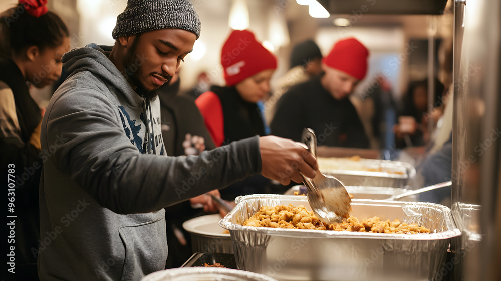 Volunteers hand out hot lunches to the homeless in a cosily decorated Thanksgiving dining room Volunteers hand out hot lunches to the homeless in a cosily decorated Thanksgiving dining room