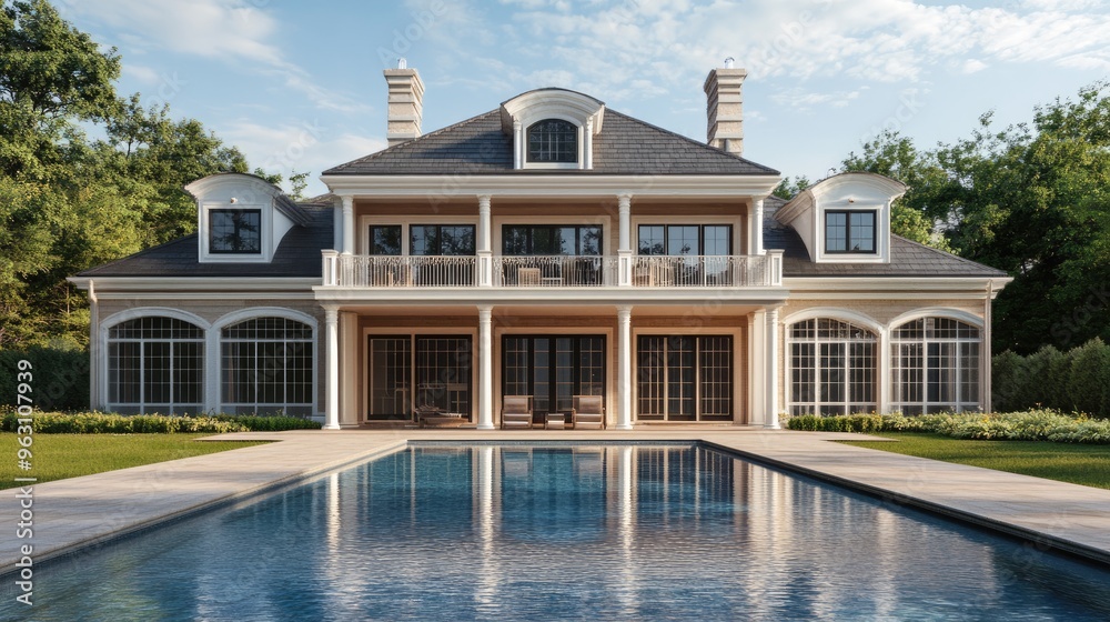 Elegant house with a swimming pool before it, created using computer graphics, rendered digitally with a lifelike background Elegant house with a swimming pool before it, created using computer graphics, rendered digitally with a lifelike background