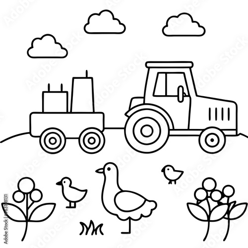 Tractor planting seeds with ducks, cows, and sheep nearby