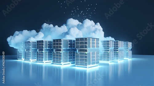 Glowing cloud computing data center of the future.