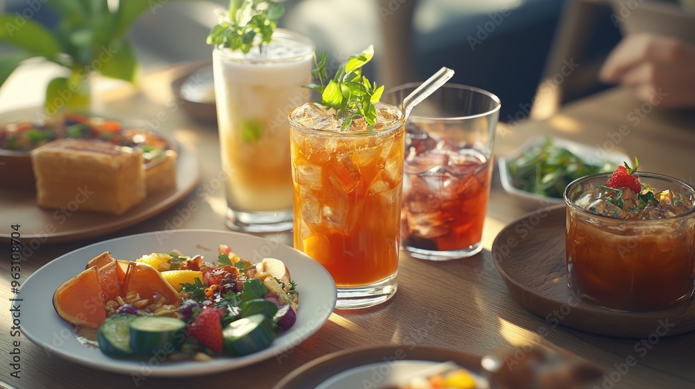 Healthy dishes and drinks arranged on a table, digitally rendered with vibrant colors and realistic computer graphics Healthy dishes and drinks arranged on a table, digitally rendered with vibrant colors and realistic computer graphics