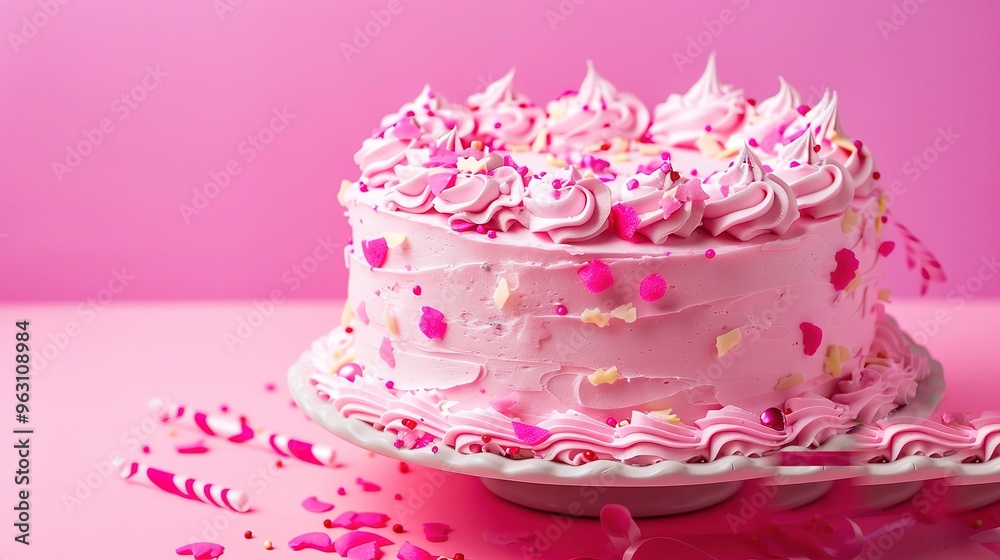 A delightful pink birthday cake forms a charming background. The pink color gives a soft and festive look. The cake has a smooth surface and is likely decorated with various elements. It brings a sens