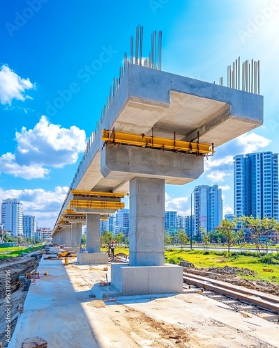 Construction of a modern overpass showcasing concrete pillars and scaffolding against a vibrant city skyline and clear blue sky.
