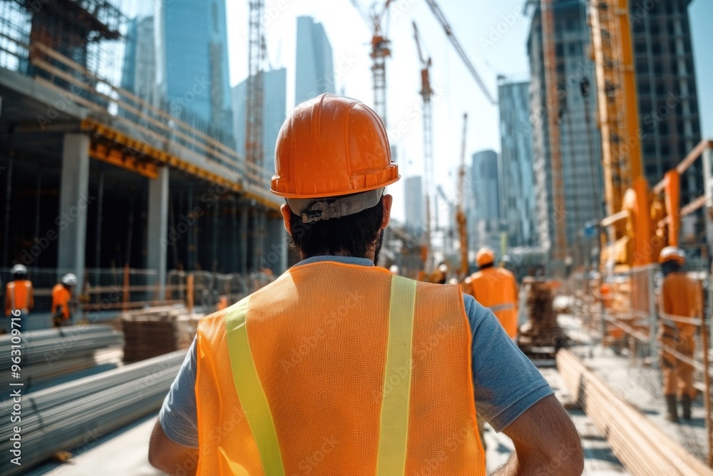 A construction site bustling with activity, cranes towering overhead, symbolizing progress and development A construction site bustling with activity, cranes towering overhead, symbolizing progress and development