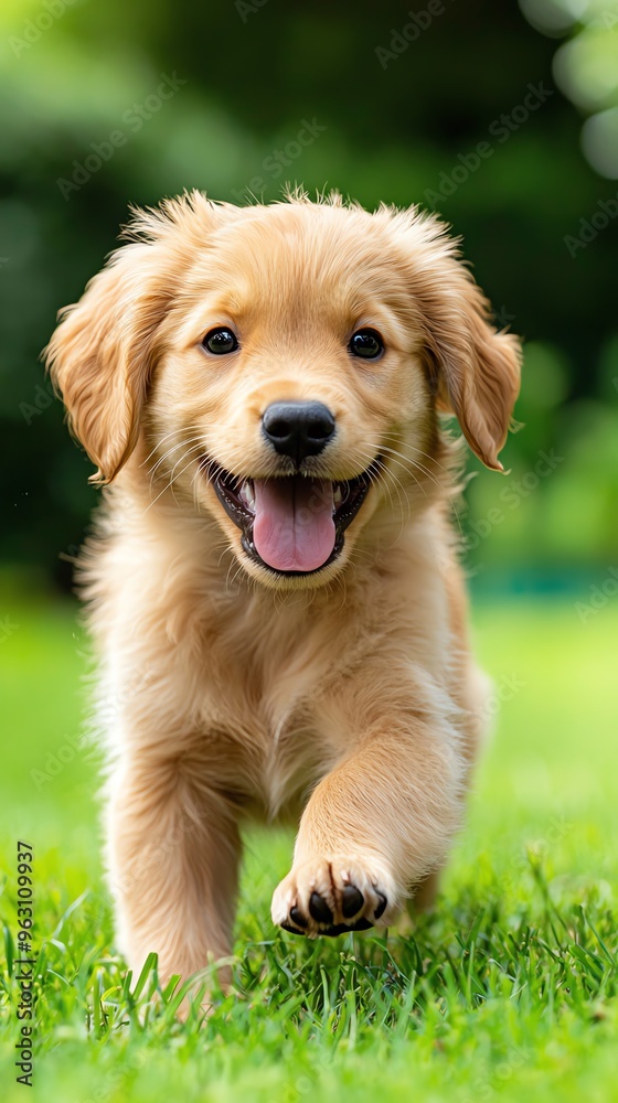 Adorable golden retriever puppy running happily in green grass, showcasing playful spirit and joy of youth. Adorable golden retriever puppy running happily in green grass, showcasing playful spirit and joy of youth.