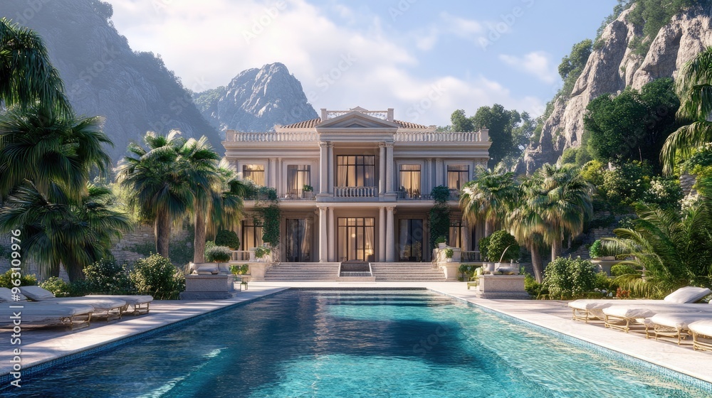 Fototapeta premium Luxurious digitally rendered house with a front swimming pool, featuring realistic background and advanced computer graphics