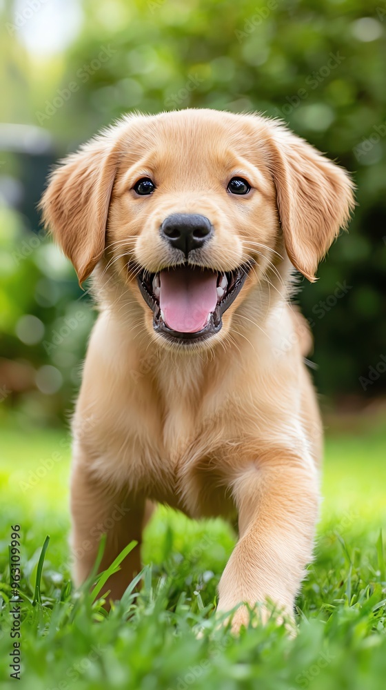 A cheerful puppy runs through the grass, showcasing its playful spirit and bright smile in a vibrant outdoor setting.