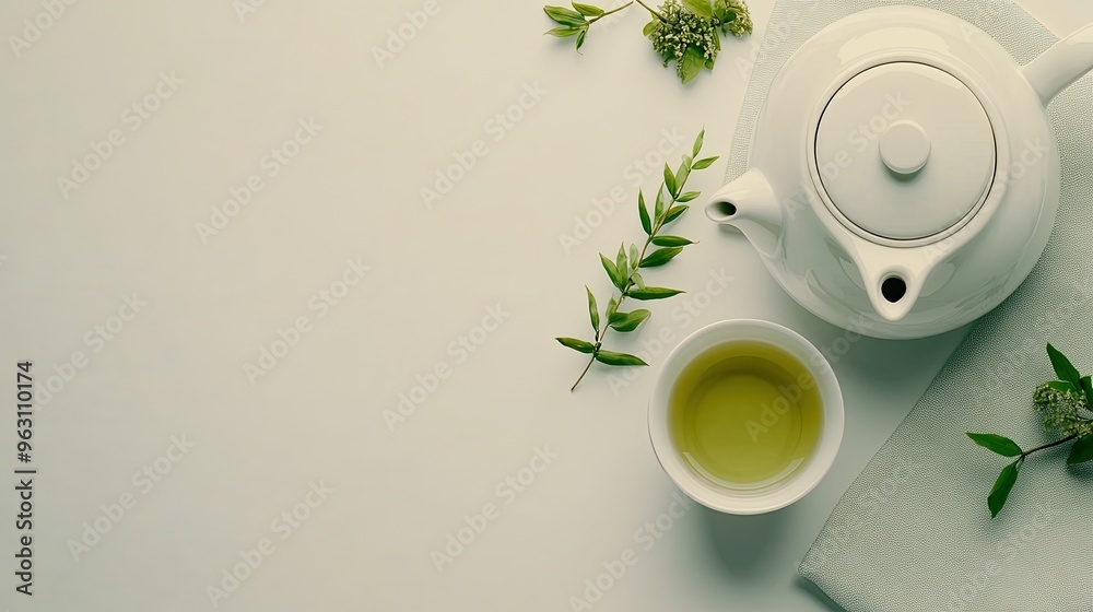 A traditional teapot sits next to tea cups and fresh green leaves on a light grey background, creating an inviting atmosphere perfect for enjoying hot loose-leaf green tea A traditional teapot sits next to tea cups and fresh green leaves on a light grey background, creating an inviting atmosphere perfect for enjoying hot loose-leaf green tea