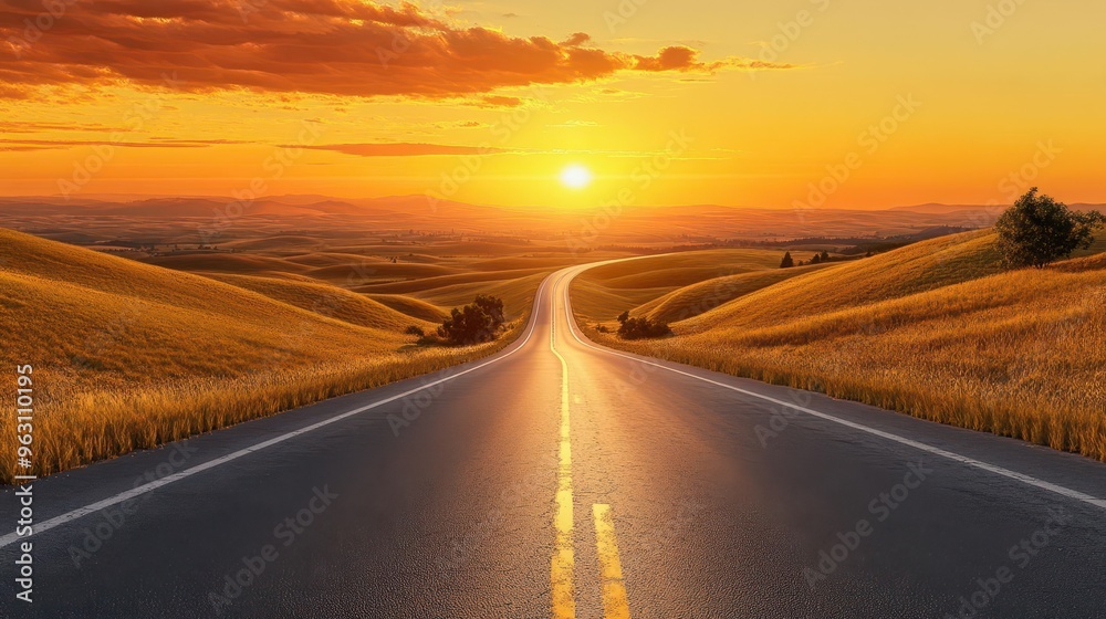 Fototapeta premium Endless highway, rolling hills, golden sunset, 3D illustration