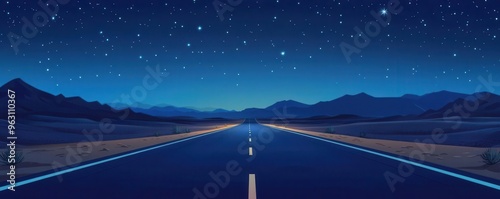 Endless road in a desert night, flat design, cool blues, animated stars