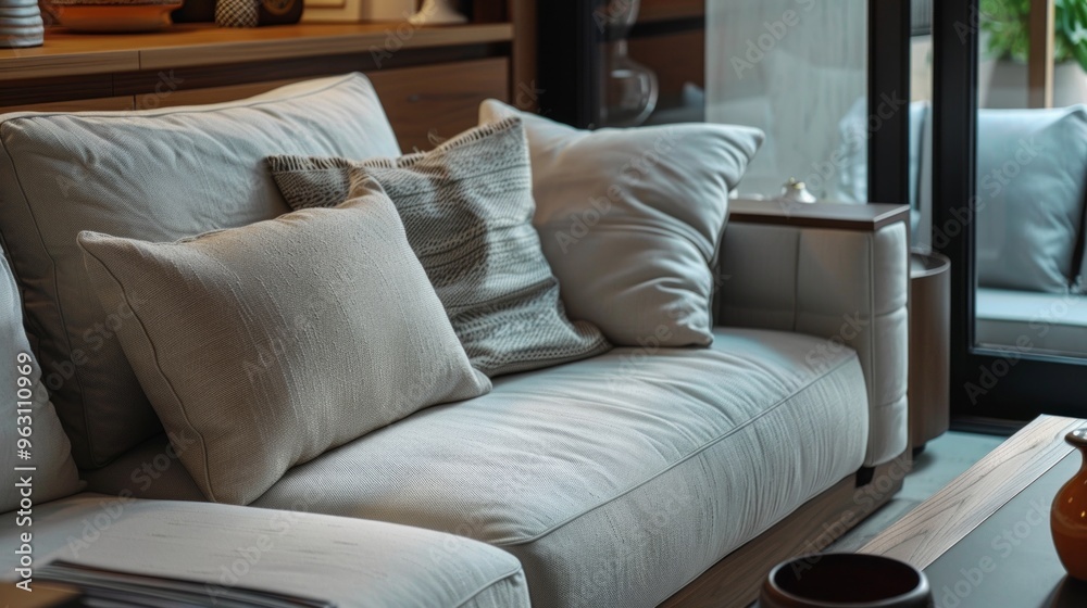 Light Grey Sectional Sofa With Cushions in a Modern Living Room Light Grey Sectional Sofa With Cushions in a Modern Living Room