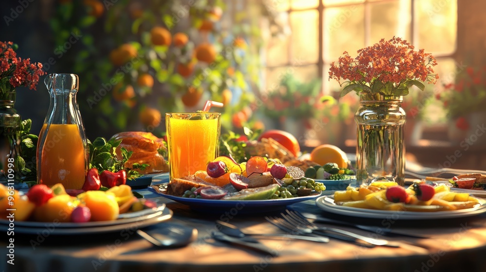 Plates of fresh, colorful food and healthy drinks on a table, rendered in computer graphics with a realistic and detailed backdrop Plates of fresh, colorful food and healthy drinks on a table, rendered in computer graphics with a realistic and detailed backdrop