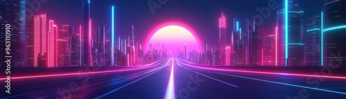 Endless road, stretching through futuristic cityscape, neon lights, 3D illustration