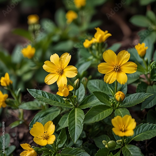 Yellow flower with green leaves in spring season generated AI.