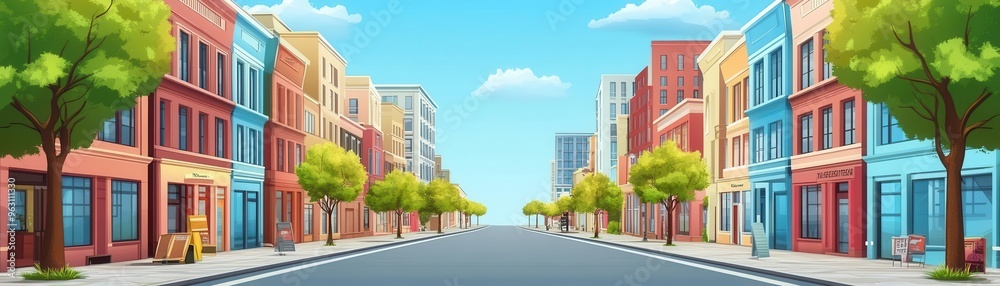 Endless urban street with tall, colorful buildings, flat design, front view Endless urban street with tall, colorful buildings, flat design, front view