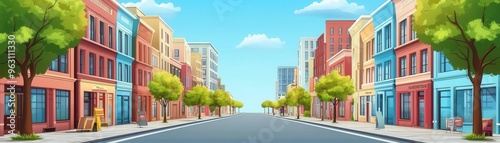 Endless urban street with tall, colorful buildings, flat design, front view