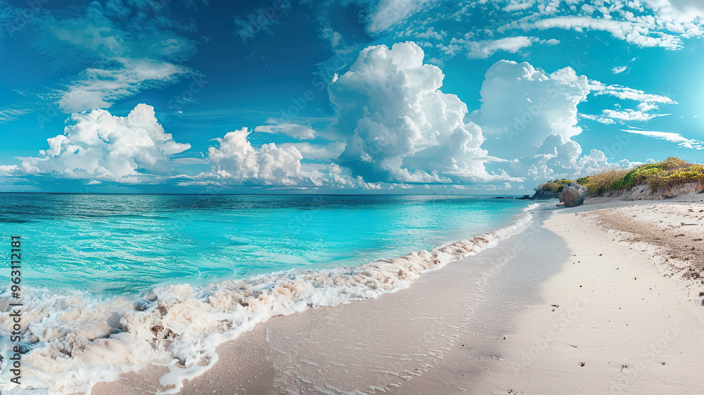 Obraz premium A beautiful beach with a palm tree in the background,