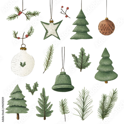 A collection of hand-drawn Christmas ornaments and greenery, including trees, stars, and leaves for festive decoration.