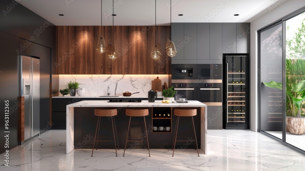 Fototapeta premium Sleek Modern Kitchen with Marble Countertops and Island