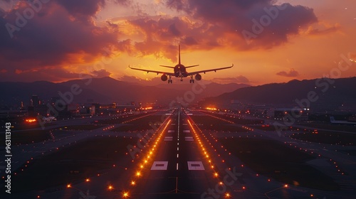 A plane lands at the airport against the backdrop of sunset, mountains and lights on the runway.