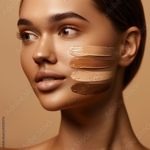 Woman with swatches of foundation on face against brown background photo