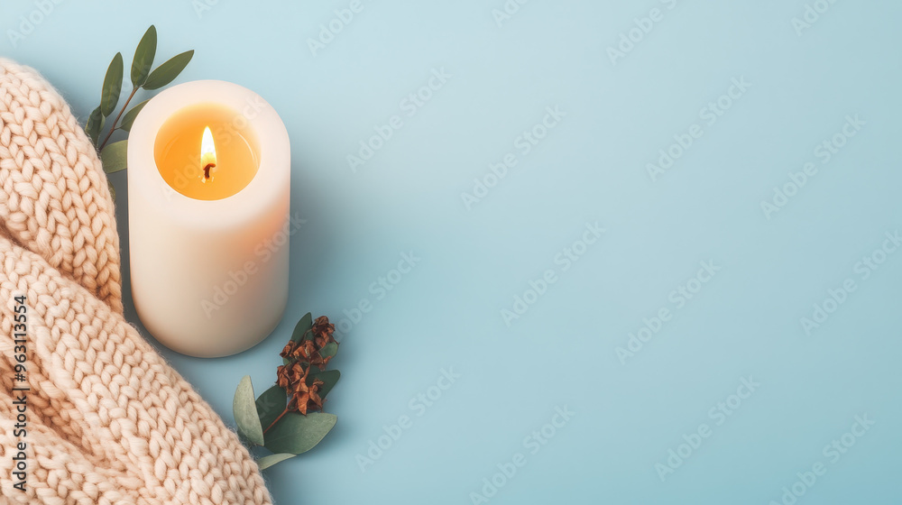 Cozy winter sale banner with warm blankets, candles, and minimalist typography, Scandinavian hygge aesthetic, neutral tones, inviting atmosphere. 