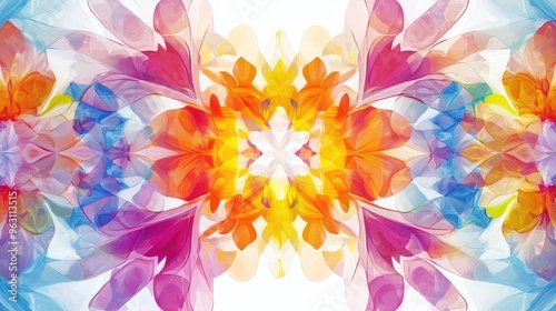 Swirling floral kaleidoscope featuring vibrant colors and beautiful shapes, set against a crisp white background, representing natural diversity