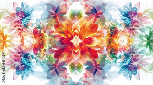 Swirling floral kaleidoscope of vibrant colors and intricate flower shapes, blending harmoniously on a clean white background