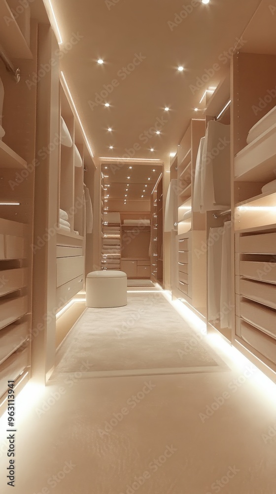 Obraz premium Luxurious walk-in closet with elegant lighting and organized shelves