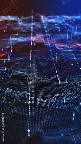 VERTICAL VIDEO, Flying through futuristic digital geology terrain, digital data telemetry and engineer topography with contour lines. 3D wireframe cartography concept. 