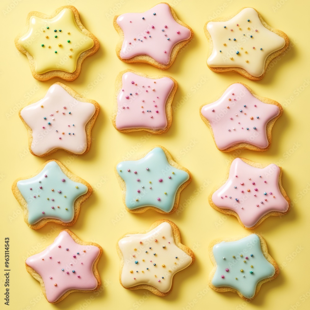 Iced Cookies on Pastel Yellow: Overhead View Editorial Photography Iced Cookies on Pastel Yellow: Overhead View Editorial Photography