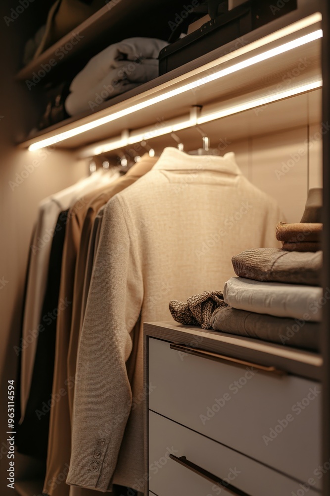 Neatly organized closet with clothing and folded garments in warm lighting Neatly organized closet with clothing and folded garments in warm lighting