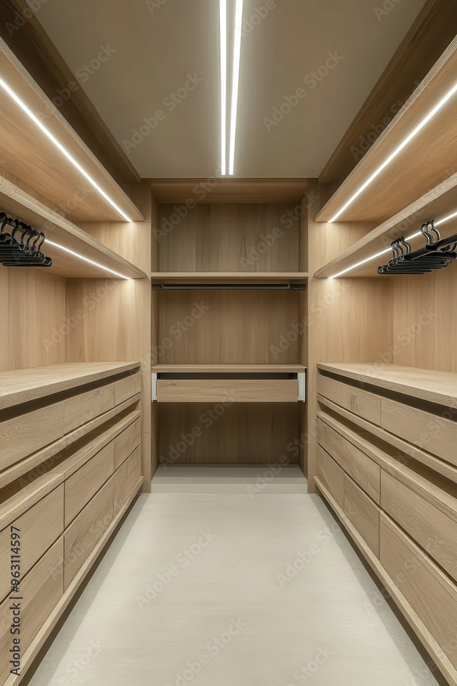 Elegant wooden closet with built-in lighting and ample storage space Elegant wooden closet with built-in lighting and ample storage space