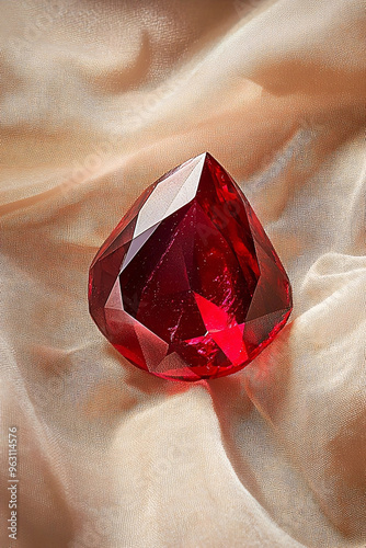 A large, faceted red gemstone rests on luxurious, golden fabric with soft folds