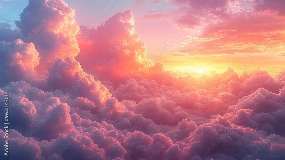 Stunning aerial view of cumulus clouds illuminated by the setting sun, casting a warm glow across the sky. Stunning aerial view of cumulus clouds illuminated by the setting sun, casting a warm glow across the sky.