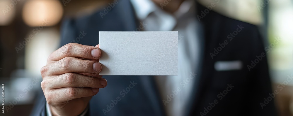 A business professional holding a blank card, ready to exchange contact information or showcase branding in a stylish setting. A business professional holding a blank card, ready to exchange contact information or showcase branding in a stylish setting.