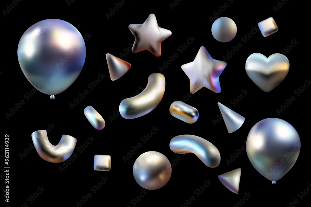 Confetti 3d chrome figure vector, figures. y2k style, star and elements for design congratulations, poster. Metal, chrome.