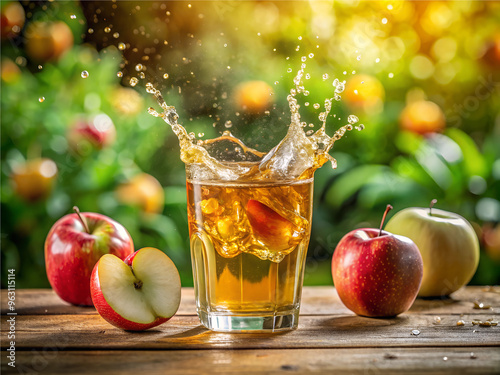 apple juice splashes in glass apple on the Garden.