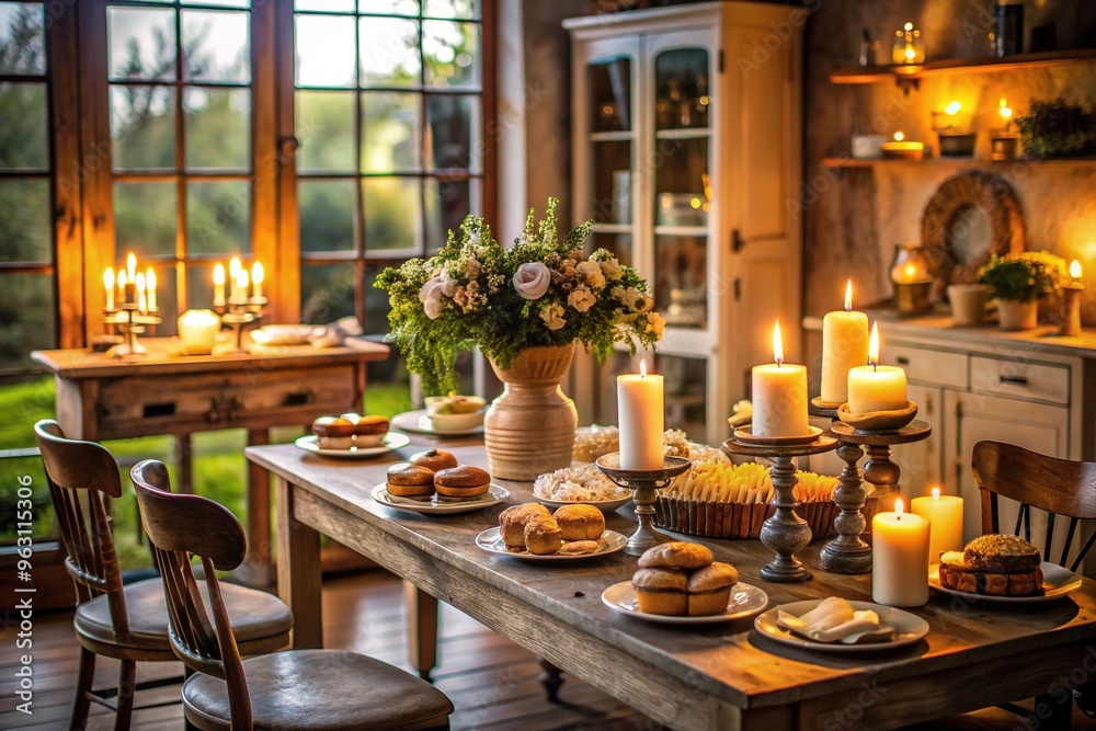 farmhouse dinner party with homemade baked goods antique furniture candles soft focus farmhouse dinner party with homemade baked goods antique furniture candles soft focus