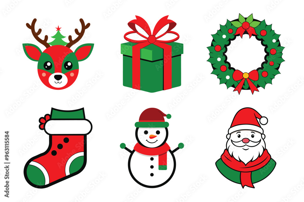lettering in ribbon and bundle of merry christmas flat style icons lettering in ribbon and bundle of merry christmas flat style icons
